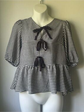 ⚡️2 for $38 Monteau Black & White Gingham Peplum Tie-Front Blouse